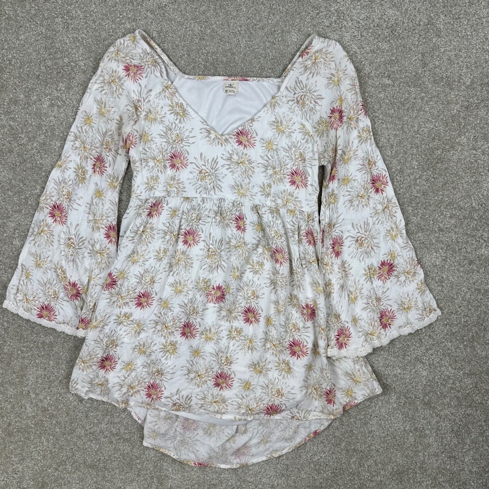 ONeill Womens Floral Bell Sleeve Boho Top V-Neck Back Cutout White Pink Medium
